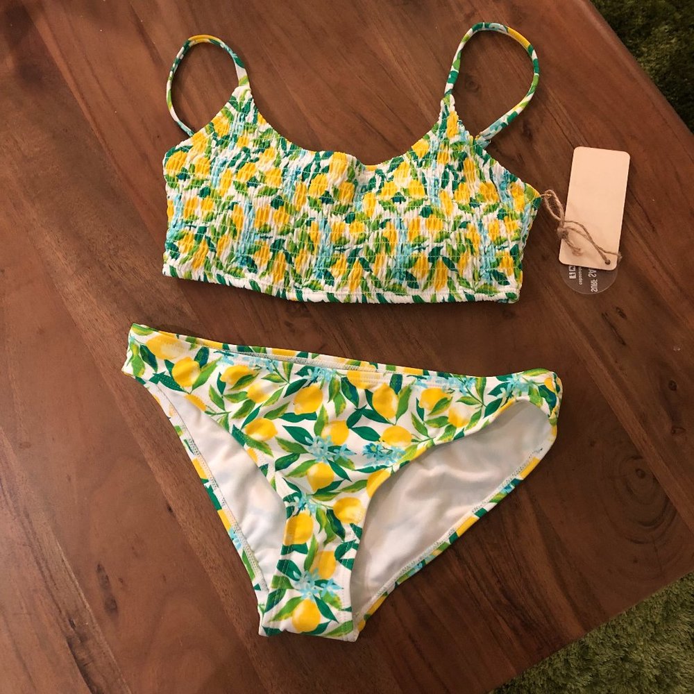 Cabana del Sol Green Lemon Smocked Scoop-Neck Bikini